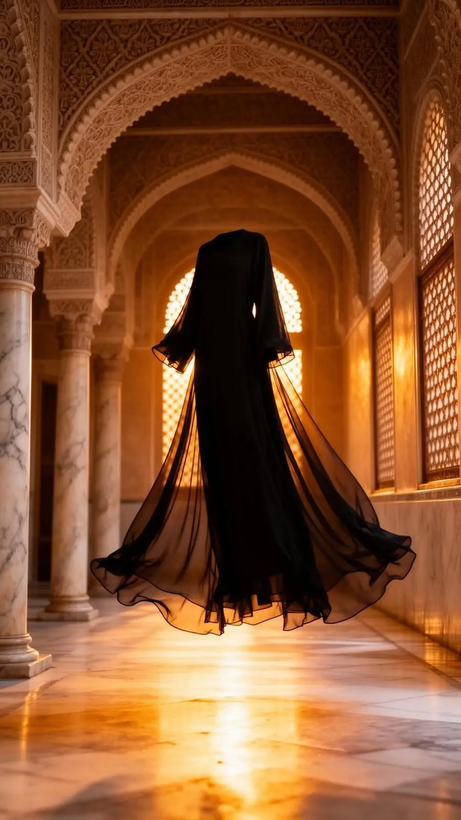 Noor Al Haya Abaya in Moorish marble corridor